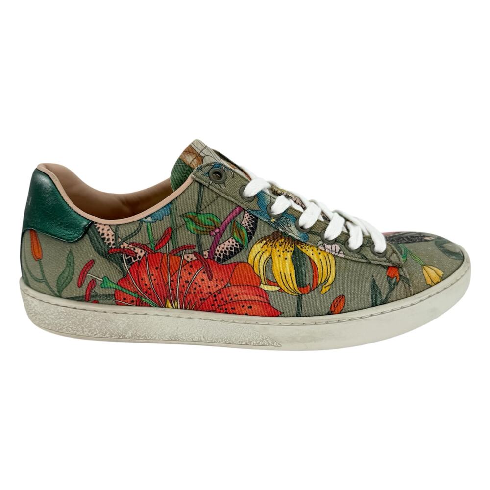 GUCCI Ace Flora Snake Print Canvas Sneakers EU 38.5 US 8.5 Green Low Top Shoes